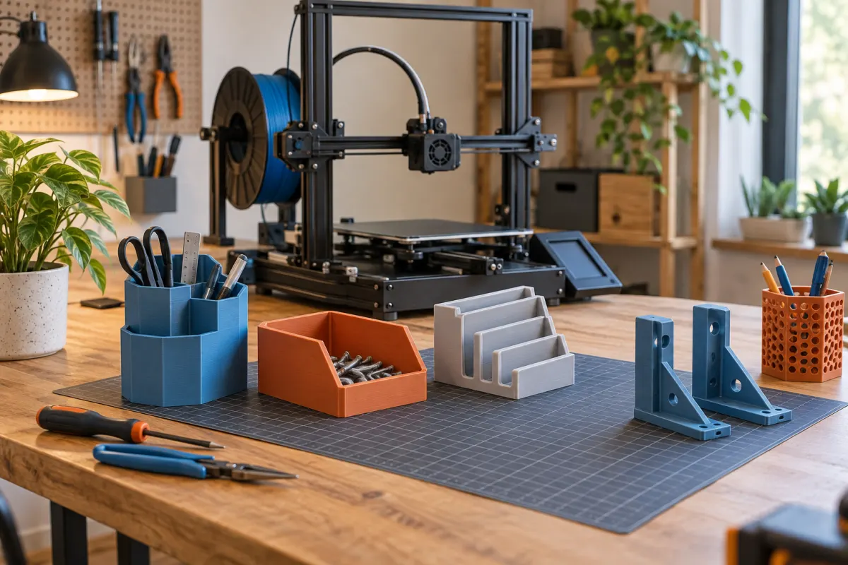 AI-generated illustration: A generic filament printer and blue, orange, and ivory printed organizers on a home workbench.